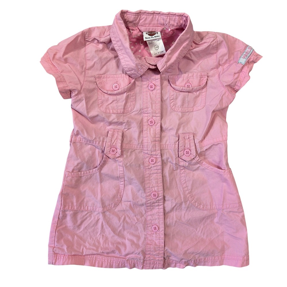 Harley-Davidson Girls Pink Cotton Button Front Dress 24M Short Sleeve Logo Biker